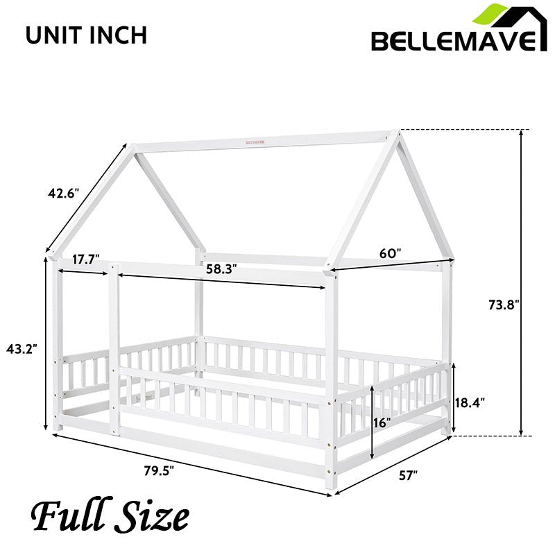 Bellemave® Montessori Wooden House Bed with Fence - Bellemave