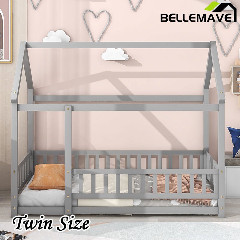 Bellemave® Montessori Wooden House Bed with Fence - Bellemave