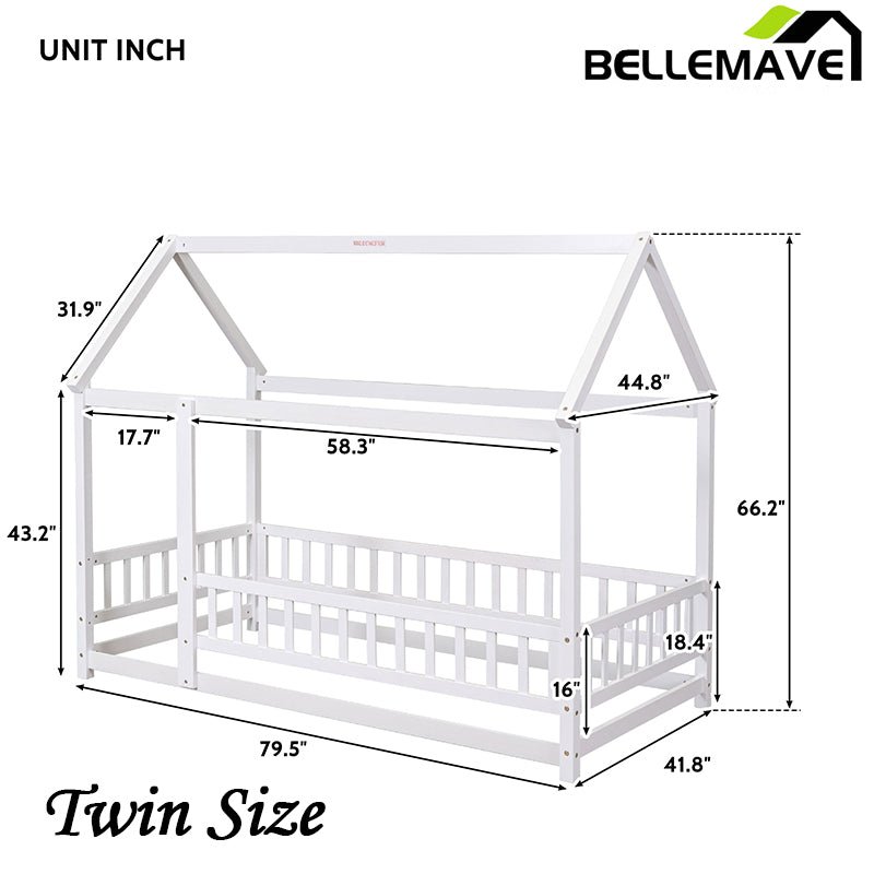 Bellemave® Montessori Wooden House Bed with Fence - Bellemave