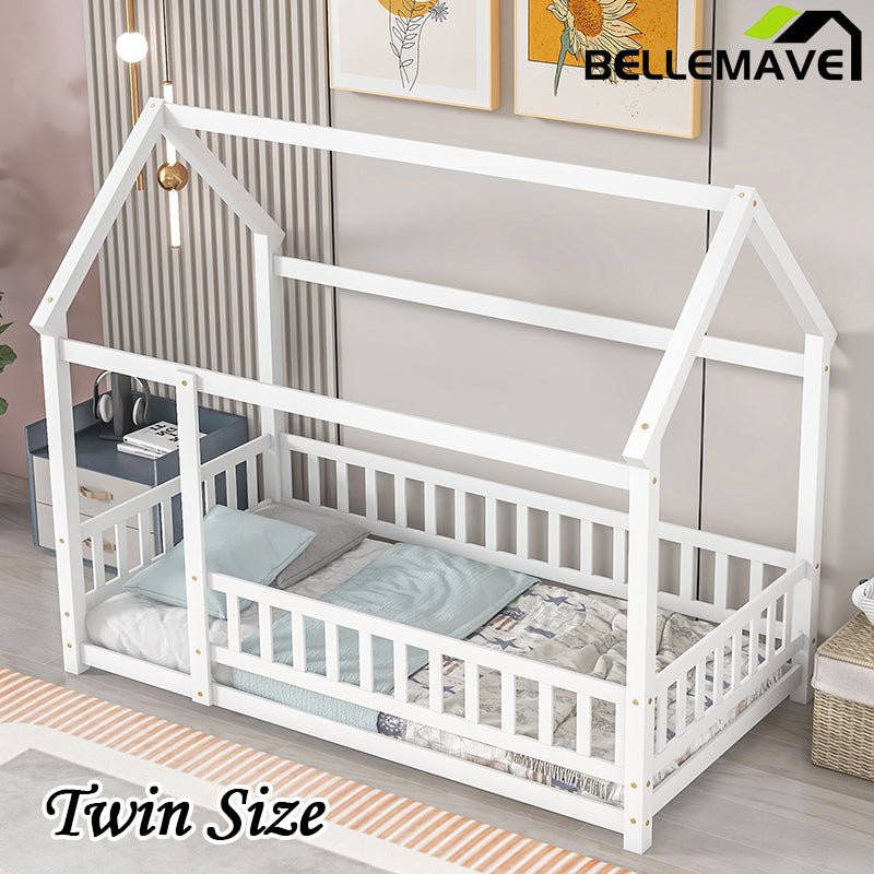 Bellemave® Montessori Wooden House Bed with Fence - Bellemave