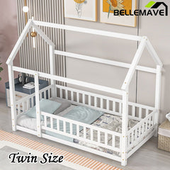 Bellemave® Montessori Wooden House Bed with Fence - Bellemave