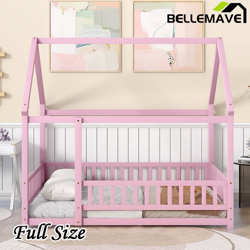 Bellemave® Montessori Wooden House Bed with Fence - Bellemave