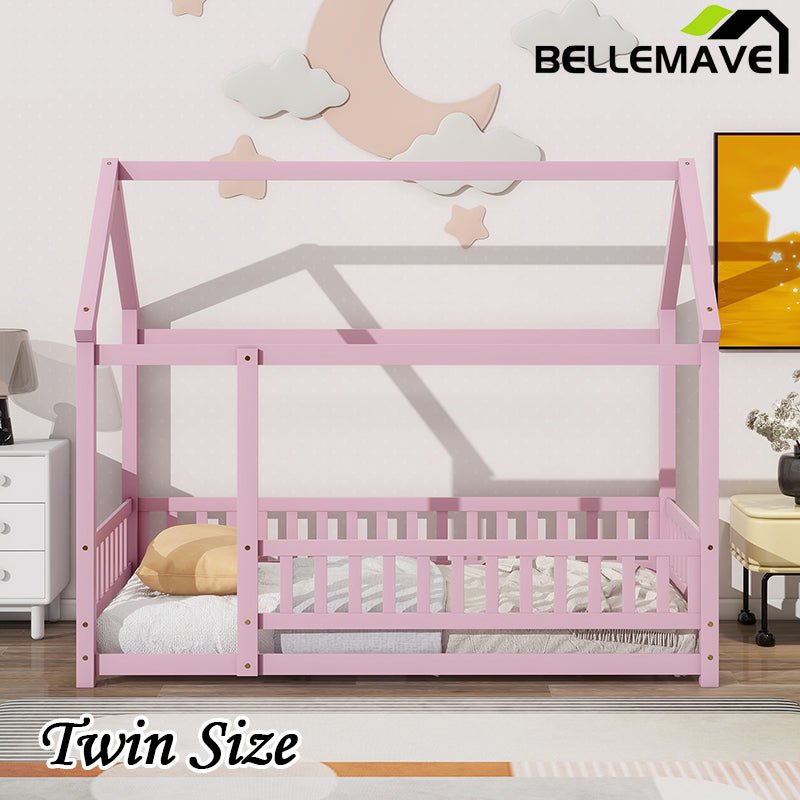 Bellemave® Montessori Wooden House Bed with Fence - Bellemave