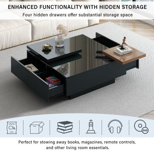 Bellemave® Movable Top Coffee Table with High Gloss finish, 4 Hidden Storage Drawers - Bellemave