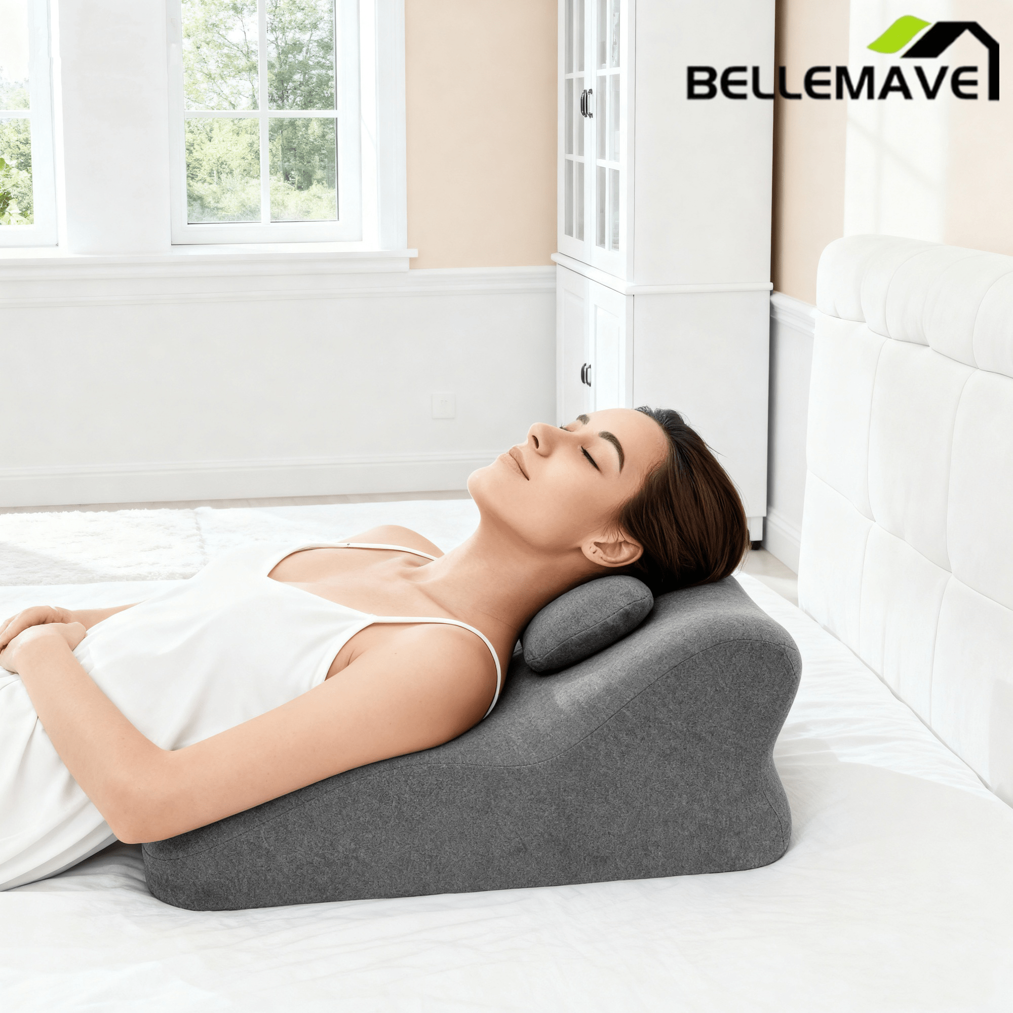 Bellemave® Multi - Functional Pillow Ergonomic Wedge Backrest, Reading Pillow for Bed Rest, Couch Back Support Pillow for Sitting up, Ergonomic Memory Foam Pillow with Removable Cover - Gray - Bellemave