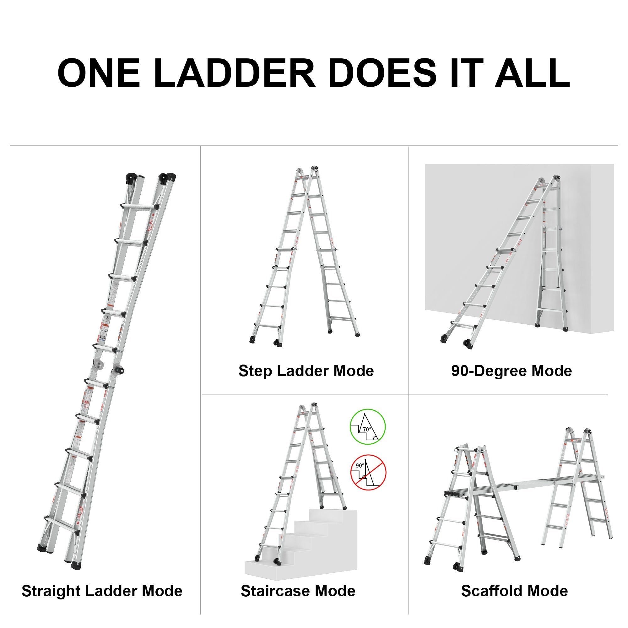 Bellemave® Multi - Position Foldable Aluminum Ladder, A - Frame and Straight Ladder - Bellemave
