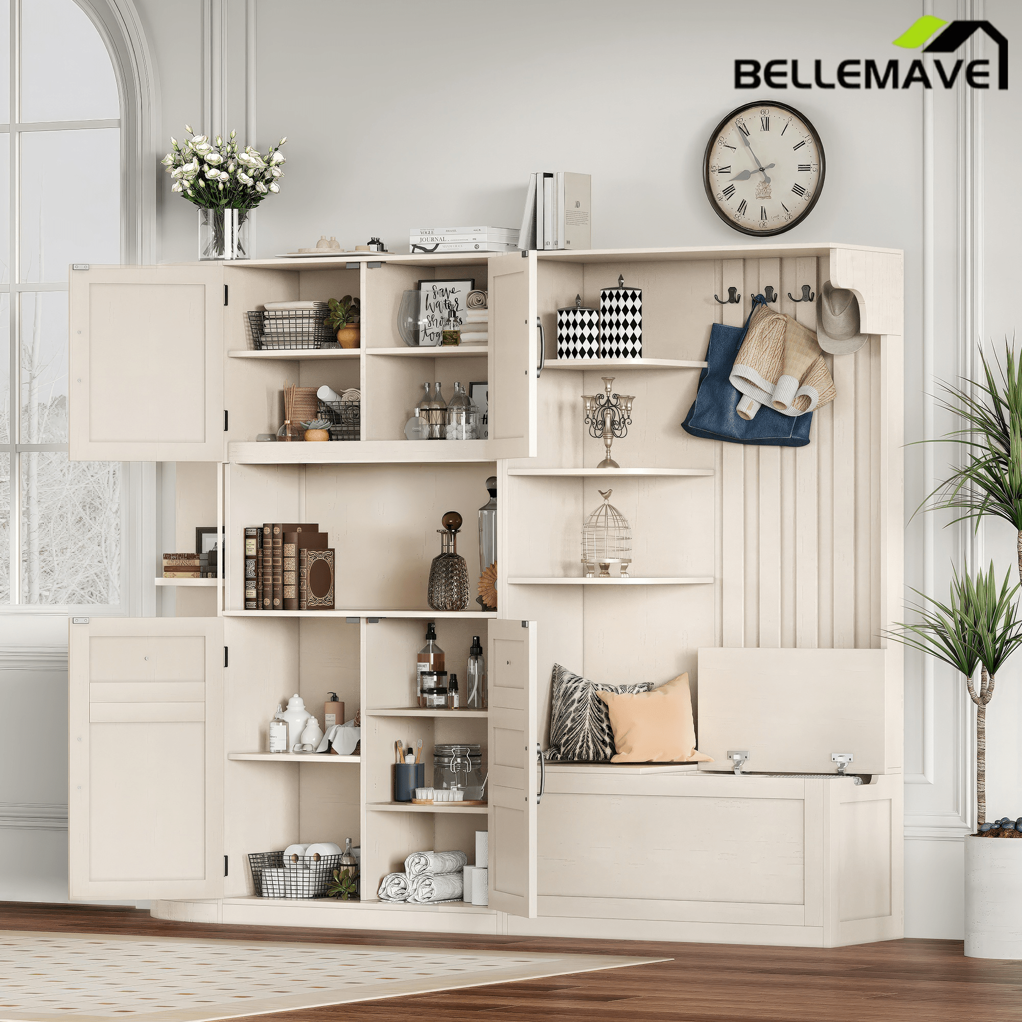 Bellemave® Multifunctional Hall Tree with Bench & Shoe Storage, Hooks - Bellemave