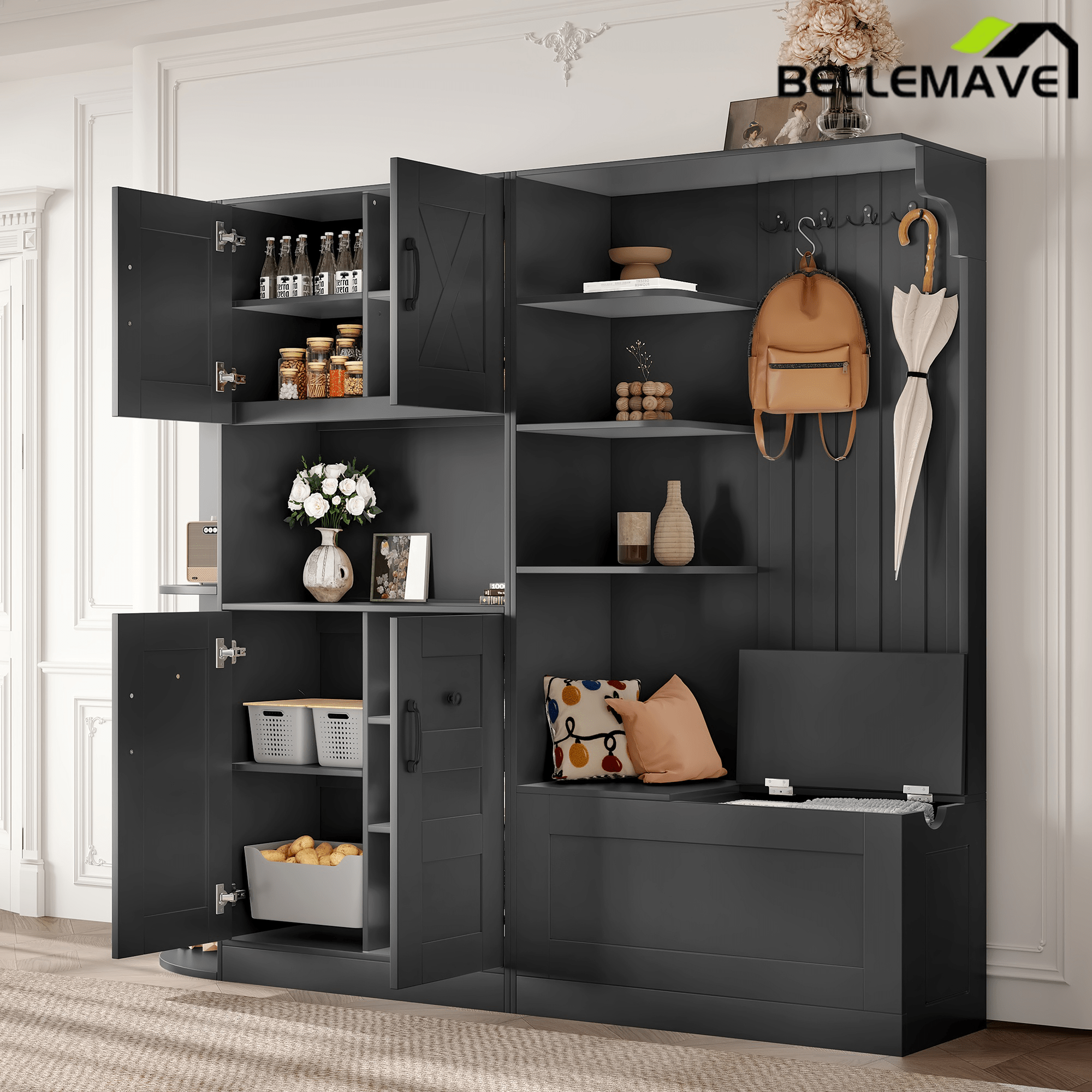 Bellemave® Multifunctional Hall Tree with Bench & Shoe Storage, Hooks - Bellemave