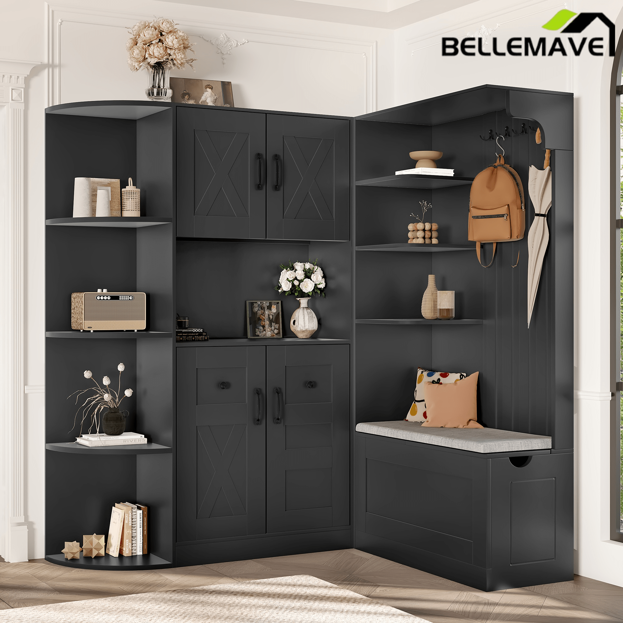Bellemave® Multifunctional Hall Tree with Bench & Shoe Storage, Hooks - Bellemave