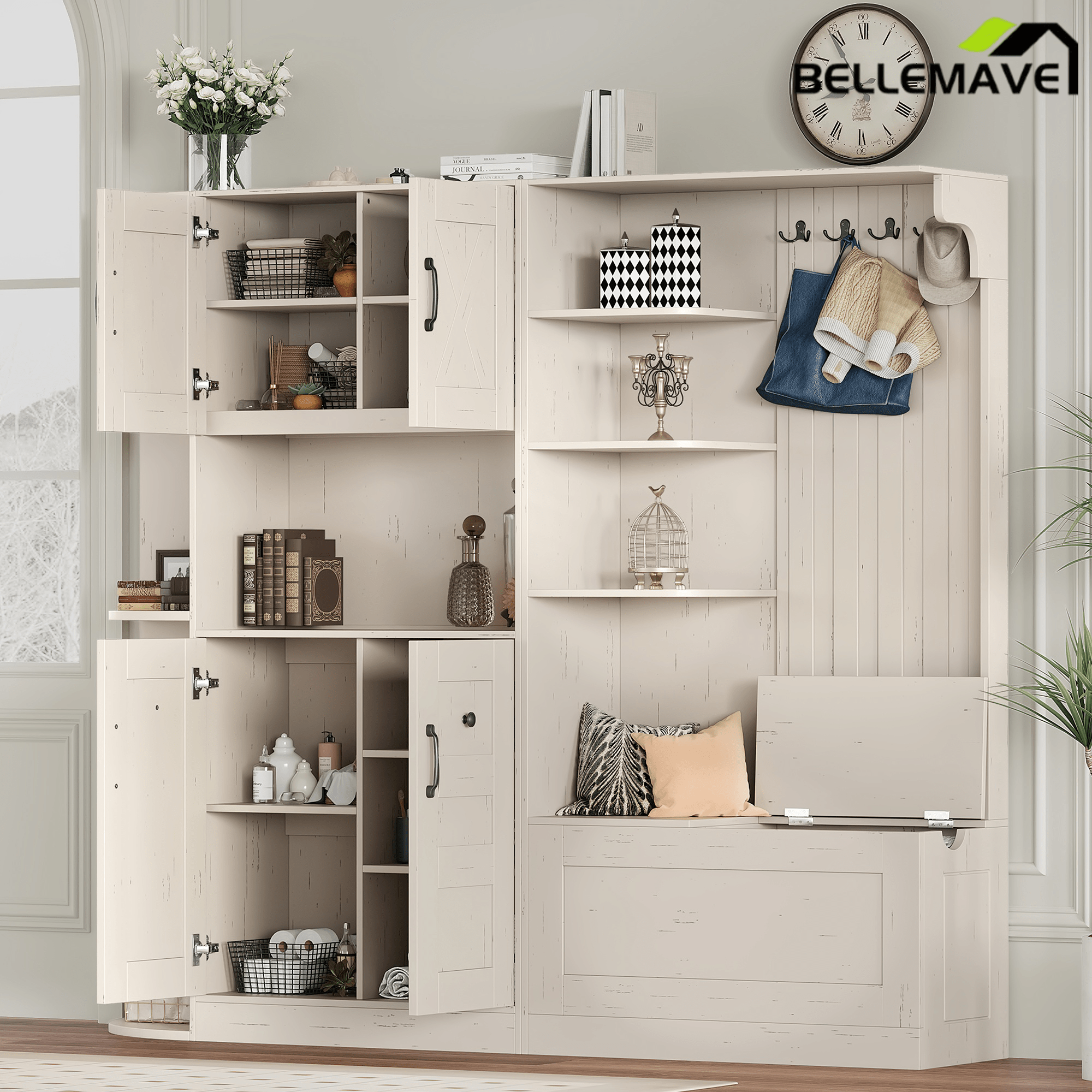 Bellemave® Multifunctional Hall Tree with Bench & Shoe Storage, Hooks - Bellemave