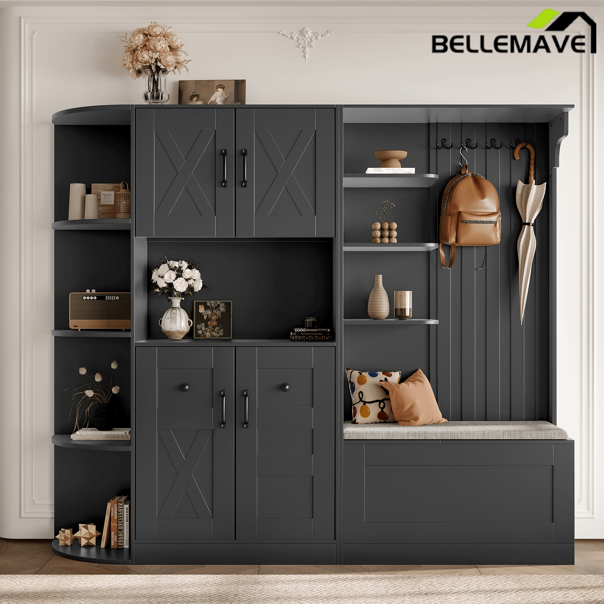Bellemave® Multifunctional Hall Tree with Bench & Shoe Storage, Hooks - Bellemave