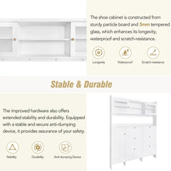 Bellemave® Multifunctional Shoe Cabinet with Storage Shelf & 6 Flip Drawers,Tempered Glass Doors and 4 Hooks - Bellemave