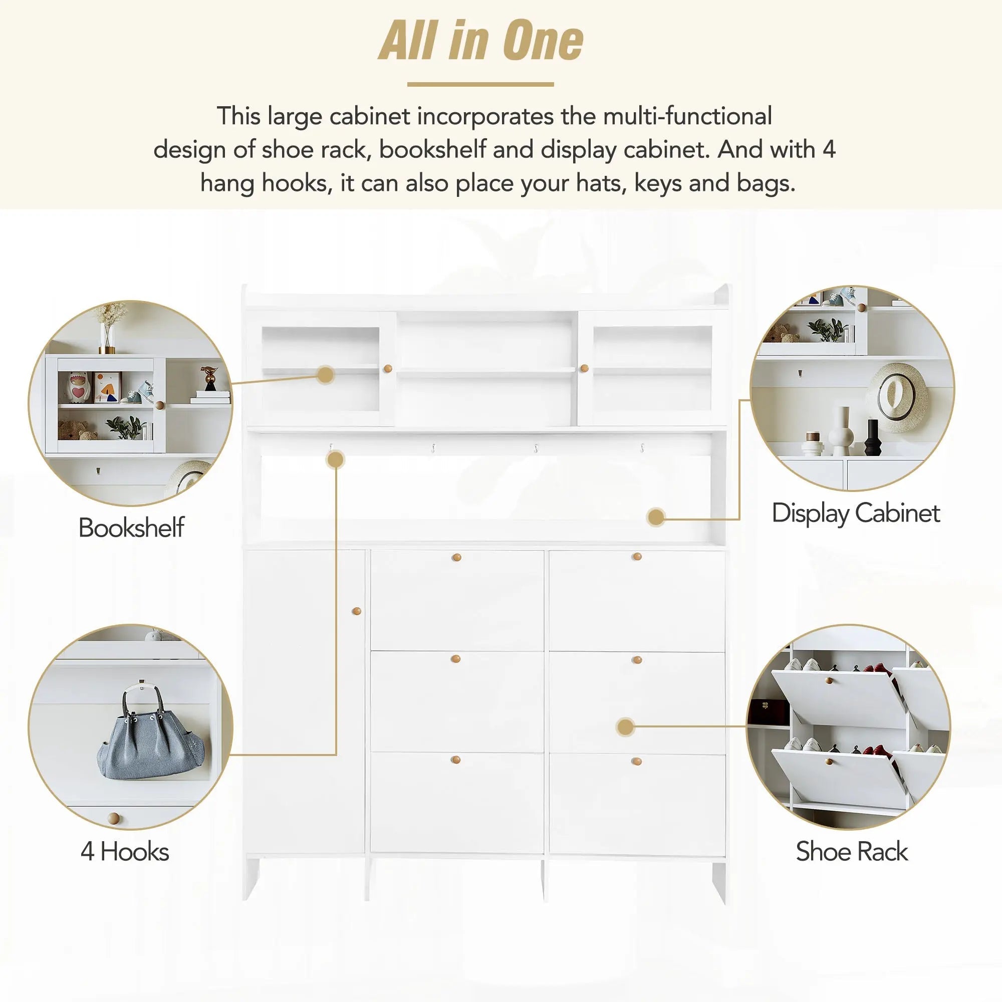 Bellemave® Multifunctional Shoe Cabinet with Storage Shelf & 6 Flip Drawers,Tempered Glass Doors and 4 Hooks - Bellemave
