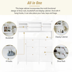 Bellemave® Multifunctional Shoe Cabinet with Storage Shelf & 6 Flip Drawers,Tempered Glass Doors and 4 Hooks - Bellemave
