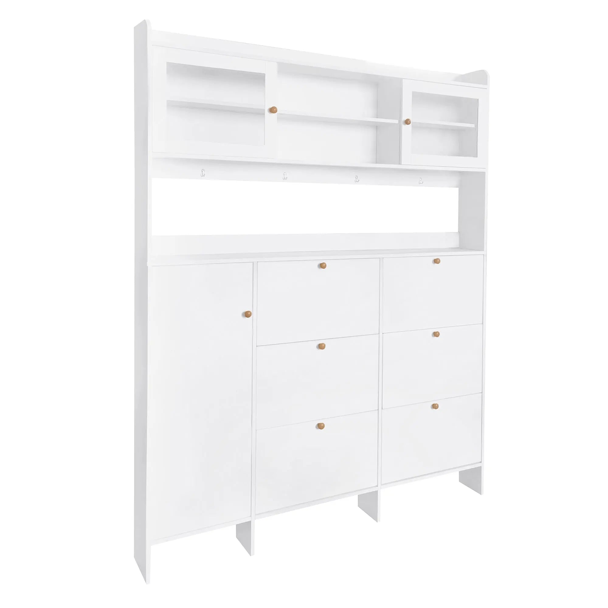Bellemave® Multifunctional Shoe Cabinet with Storage Shelf & 6 Flip Drawers,Tempered Glass Doors and 4 Hooks - Bellemave