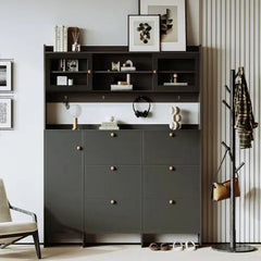 Bellemave® Multifunctional Shoe Cabinet with Storage Shelf & 6 Flip Drawers,Tempered Glass Doors and 4 Hooks - Bellemave