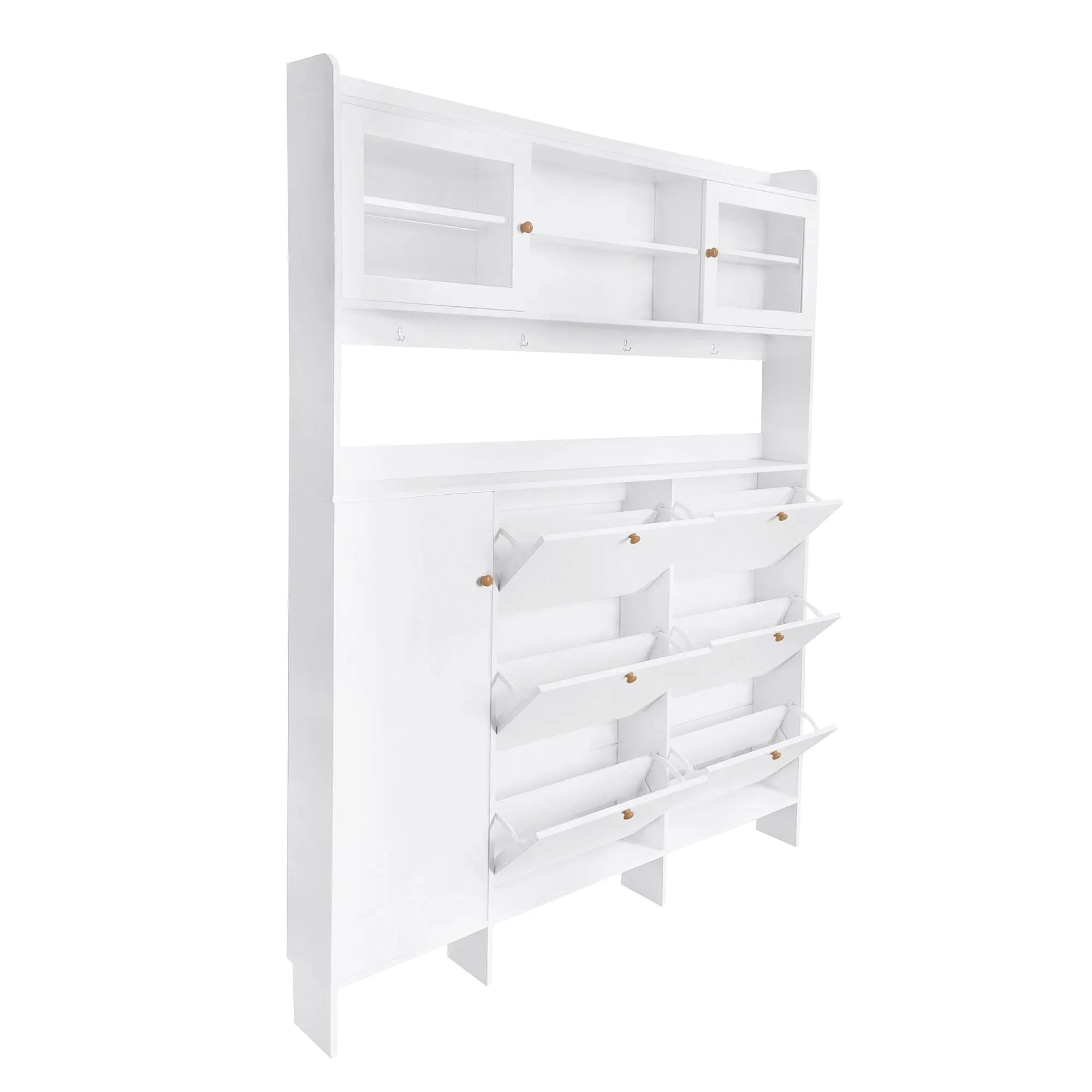 Bellemave® Multifunctional Shoe Cabinet with Storage Shelf & 6 Flip Drawers,Tempered Glass Doors and 4 Hooks - Bellemave
