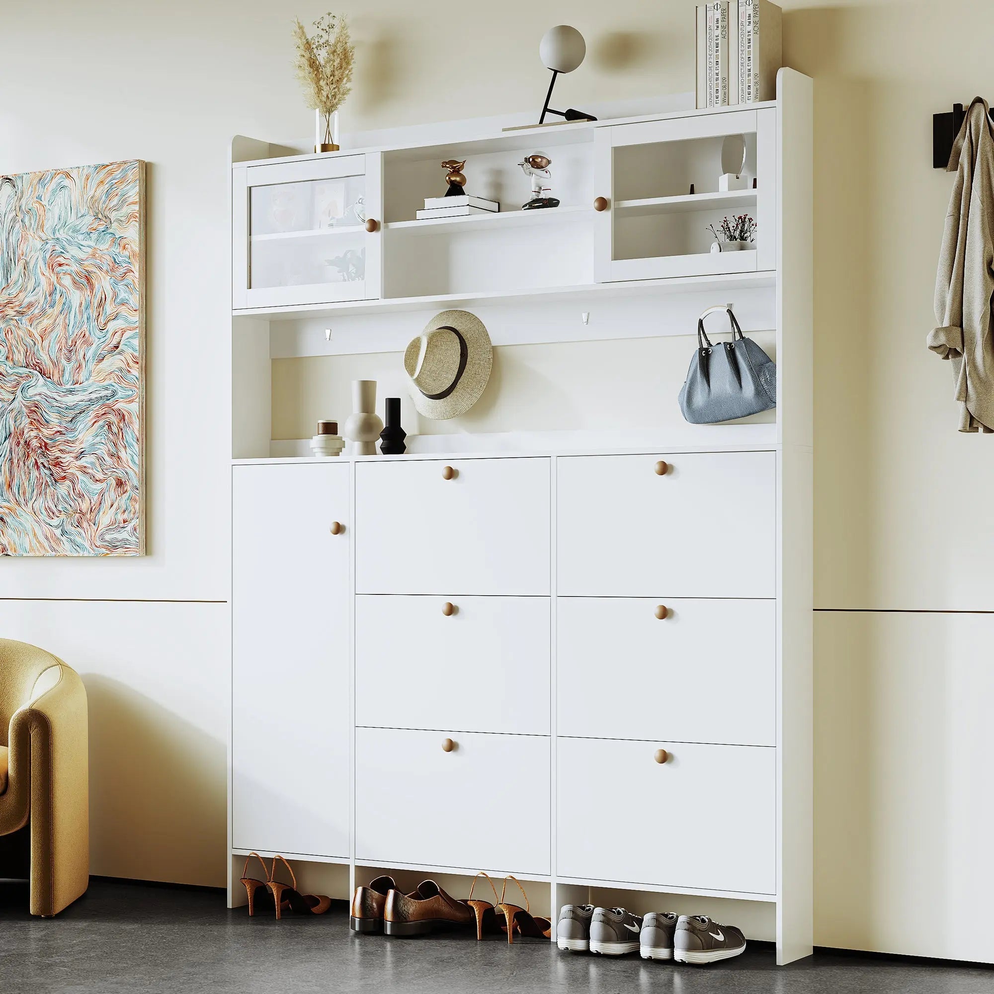 Bellemave® Multifunctional Shoe Cabinet with Storage Shelf & 6 Flip Drawers,Tempered Glass Doors and 4 Hooks - Bellemave