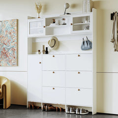 Bellemave® Multifunctional Shoe Cabinet with Storage Shelf & 6 Flip Drawers,Tempered Glass Doors and 4 Hooks - Bellemave