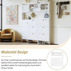 Bellemave® Multifunctional Shoe Cabinet with Storage Shelf & 6 Flip Drawers,Tempered Glass Doors and 4 Hooks - Bellemave