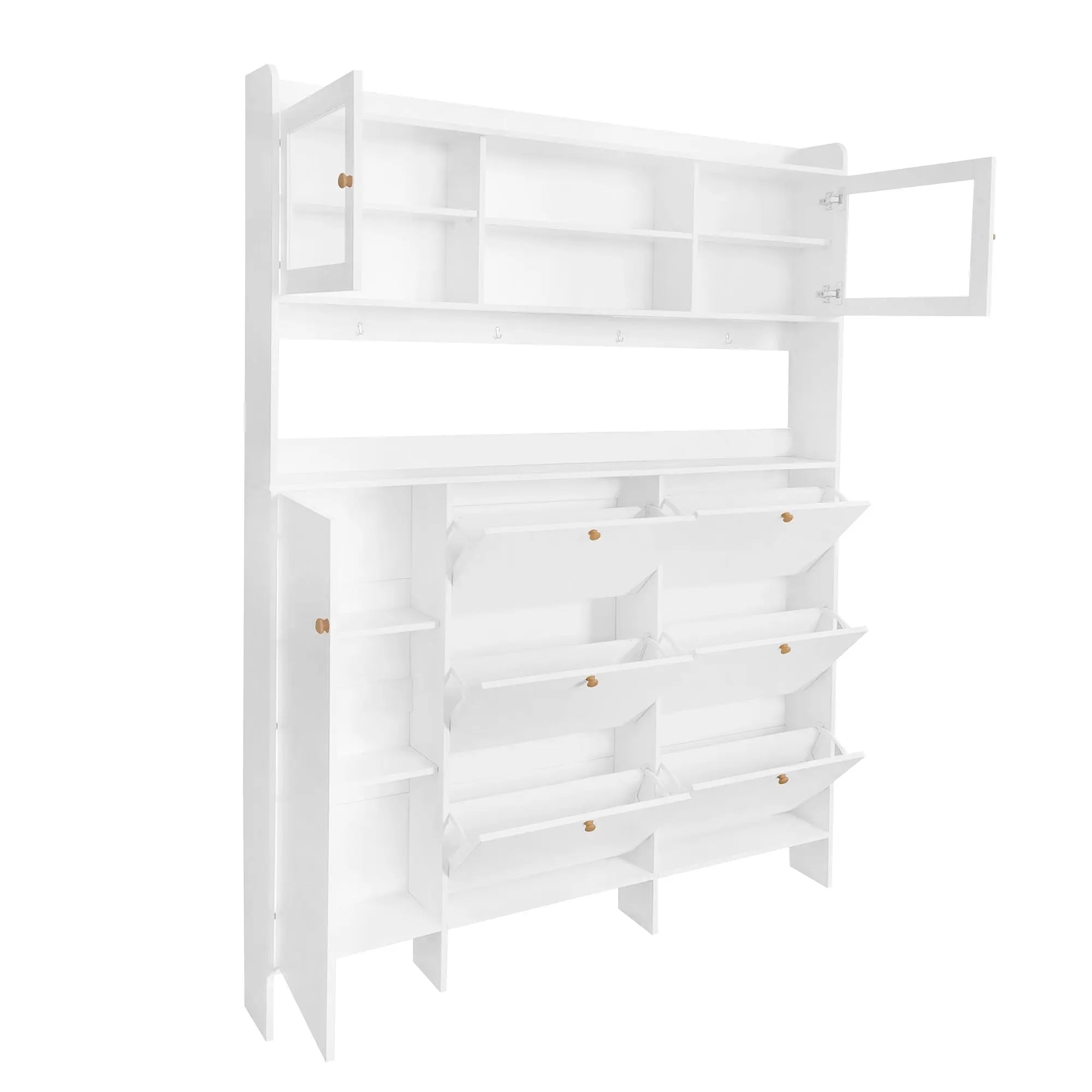 Bellemave® Multifunctional Shoe Cabinet with Storage Shelf & 6 Flip Drawers,Tempered Glass Doors and 4 Hooks - Bellemave