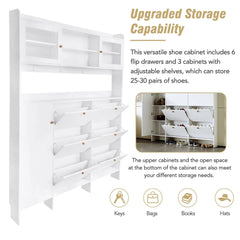Bellemave® Multifunctional Shoe Cabinet with Storage Shelf & 6 Flip Drawers,Tempered Glass Doors and 4 Hooks - Bellemave