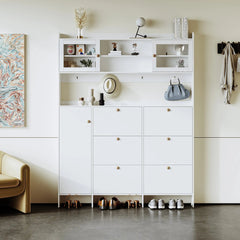 Bellemave® Multifunctional Shoe Cabinet with Storage Shelf & 6 Flip Drawers,Tempered Glass Doors and 4 Hooks - Bellemave