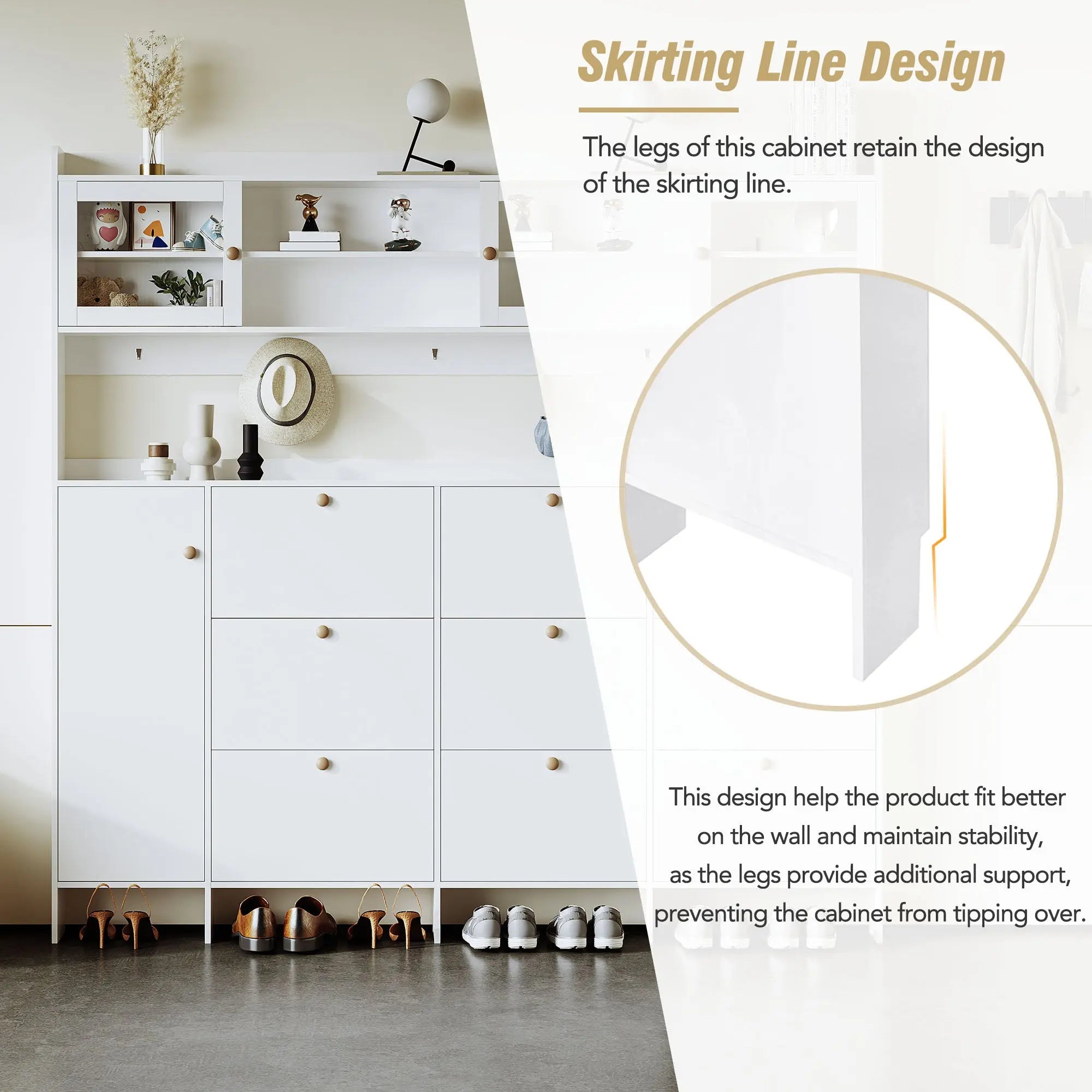 Bellemave® Multifunctional Shoe Cabinet with Storage Shelf & 6 Flip Drawers,Tempered Glass Doors and 4 Hooks - Bellemave