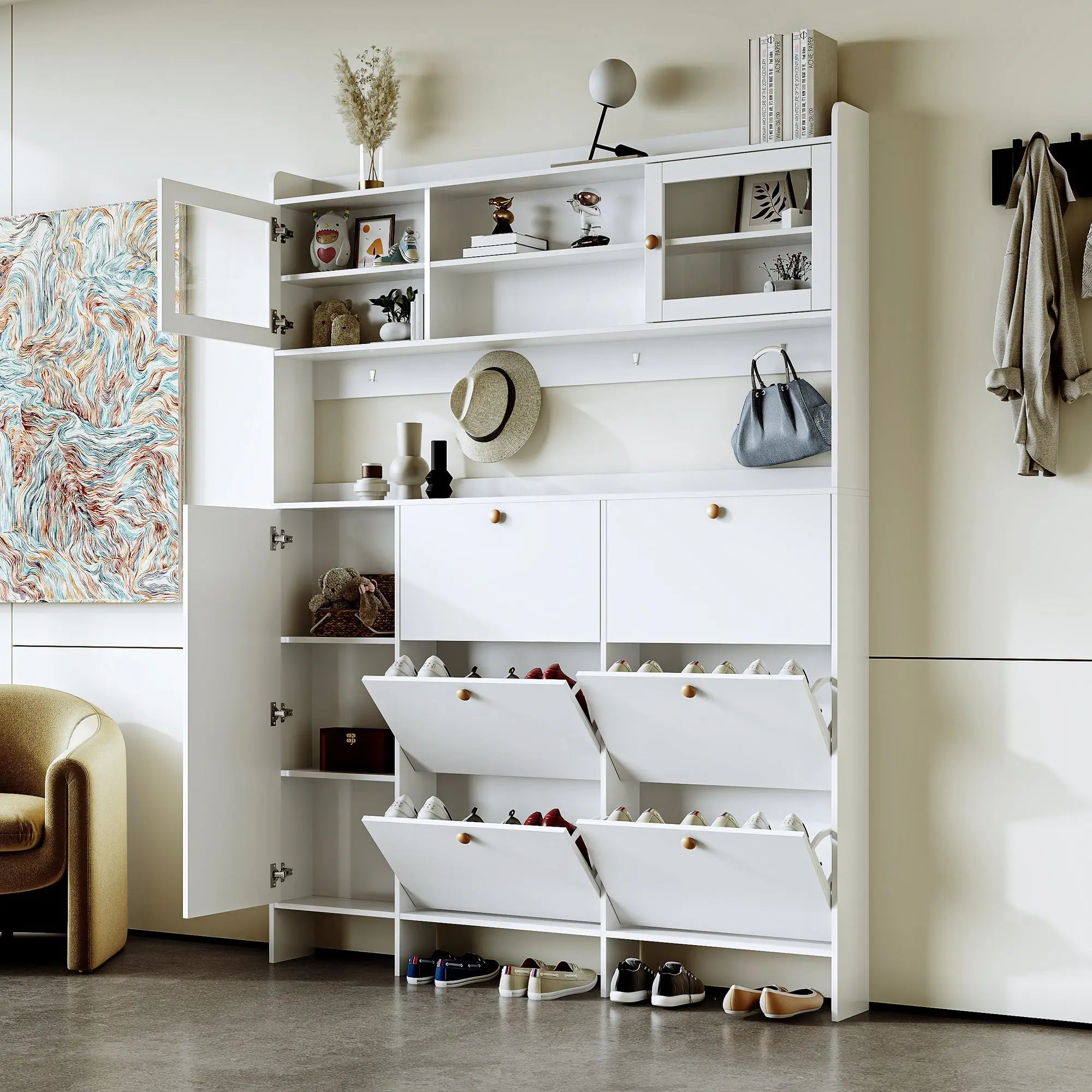 Bellemave® Multifunctional Shoe Cabinet with Storage Shelf & 6 Flip Drawers,Tempered Glass Doors and 4 Hooks - Bellemave