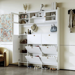 Bellemave® Multifunctional Shoe Cabinet with Storage Shelf & 6 Flip Drawers,Tempered Glass Doors and 4 Hooks - Bellemave