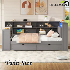 Bellemave® Multifunctional Wood Platform Bed with Storage Shelves, Drawers, Charging Station, LED, Desk and Upholstered Headboard - Bellemave