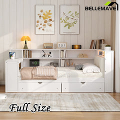 Bellemave® Multifunctional Wood Platform Bed with Storage Shelves, Drawers, Charging Station, LED, Desk and Upholstered Headboard - Bellemave
