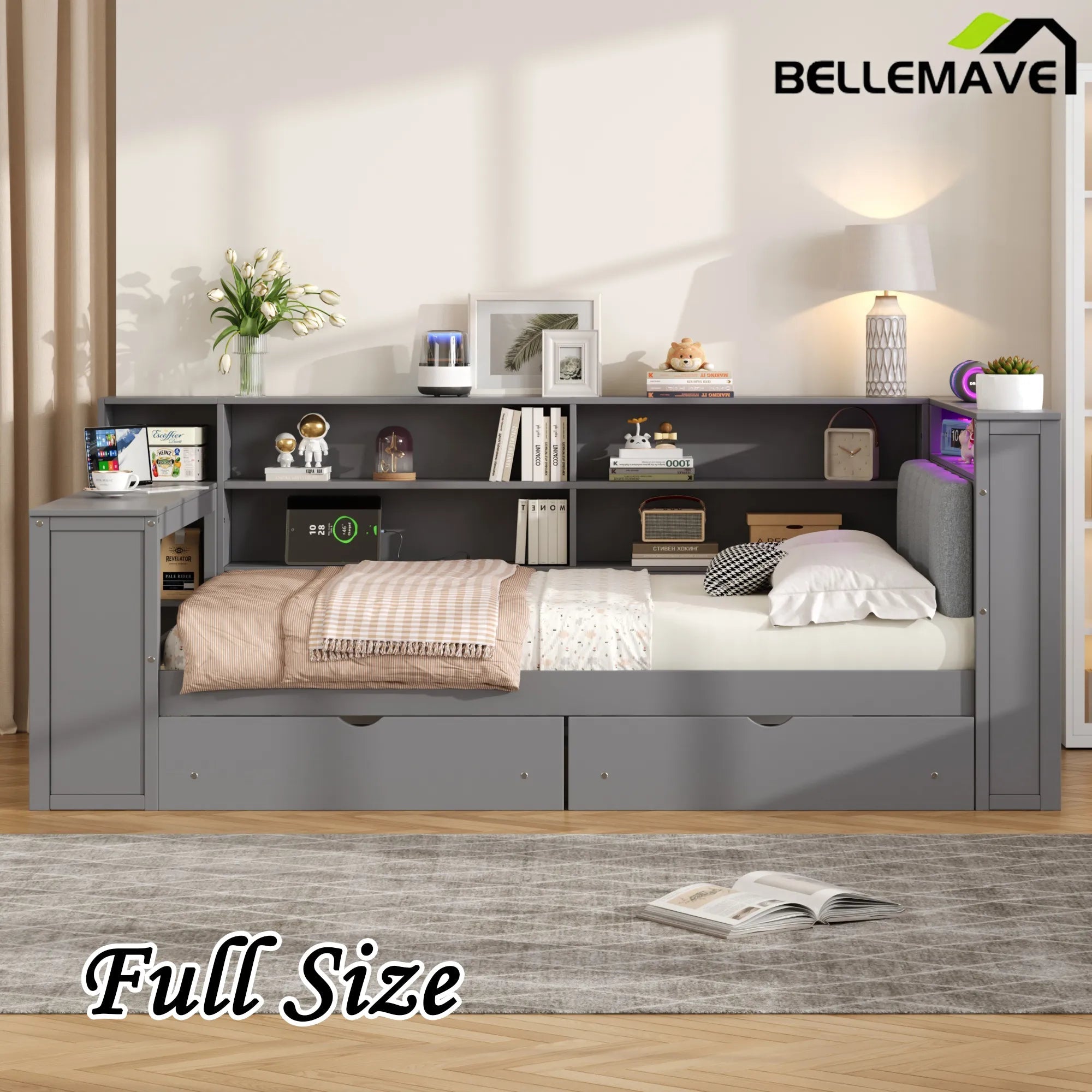 Bellemave® Multifunctional Wood Platform Bed with Storage Shelves, Drawers, Charging Station, LED, Desk and Upholstered Headboard - Bellemave