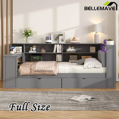Bellemave® Multifunctional Wood Platform Bed with Storage Shelves, Drawers, Charging Station, LED, Desk and Upholstered Headboard - Bellemave