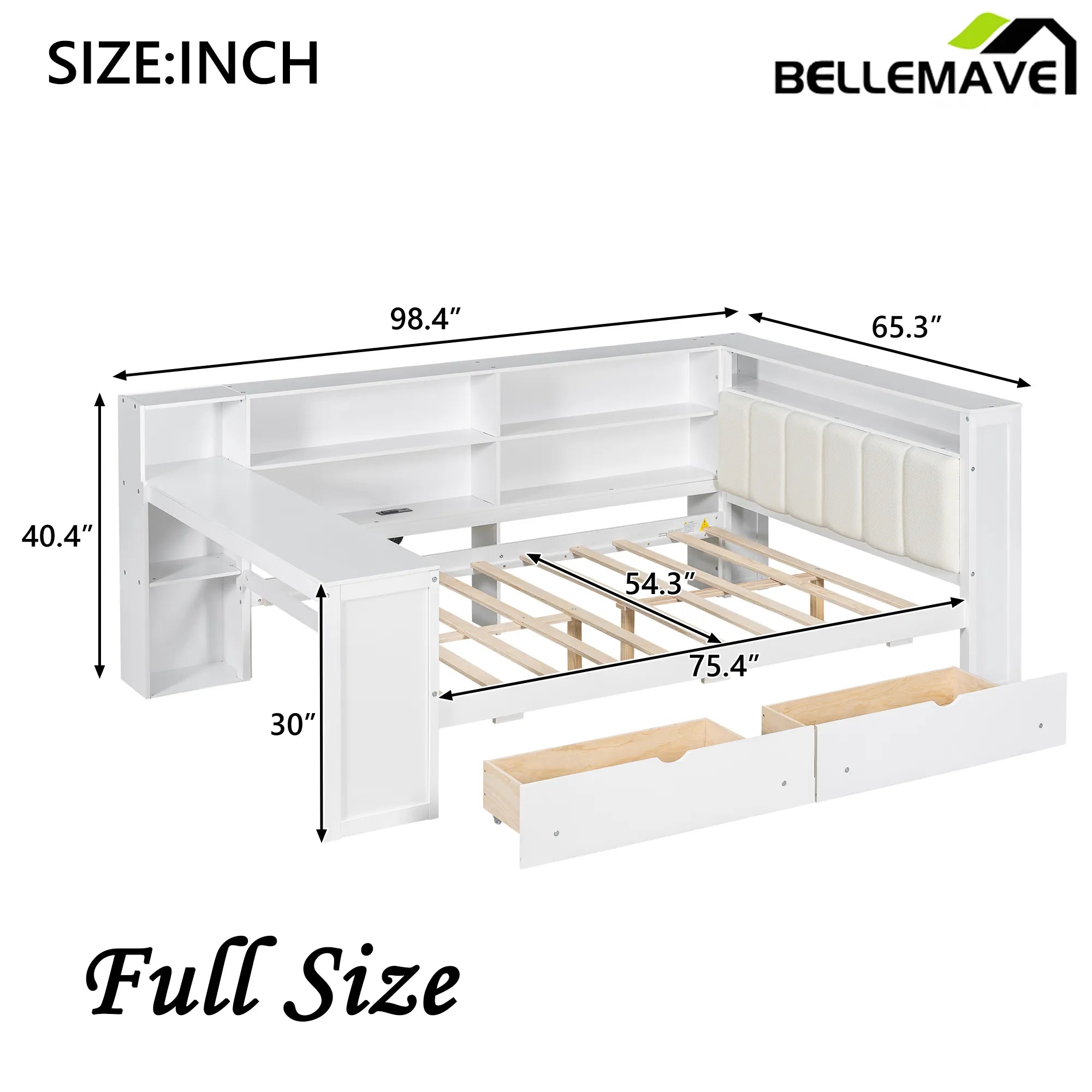 Bellemave® Multifunctional Wood Platform Bed with Storage Shelves, Drawers, Charging Station, LED, Desk and Upholstered Headboard - Bellemave
