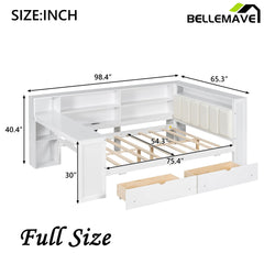 Bellemave® Multifunctional Wood Platform Bed with Storage Shelves, Drawers, Charging Station, LED, Desk and Upholstered Headboard - Bellemave