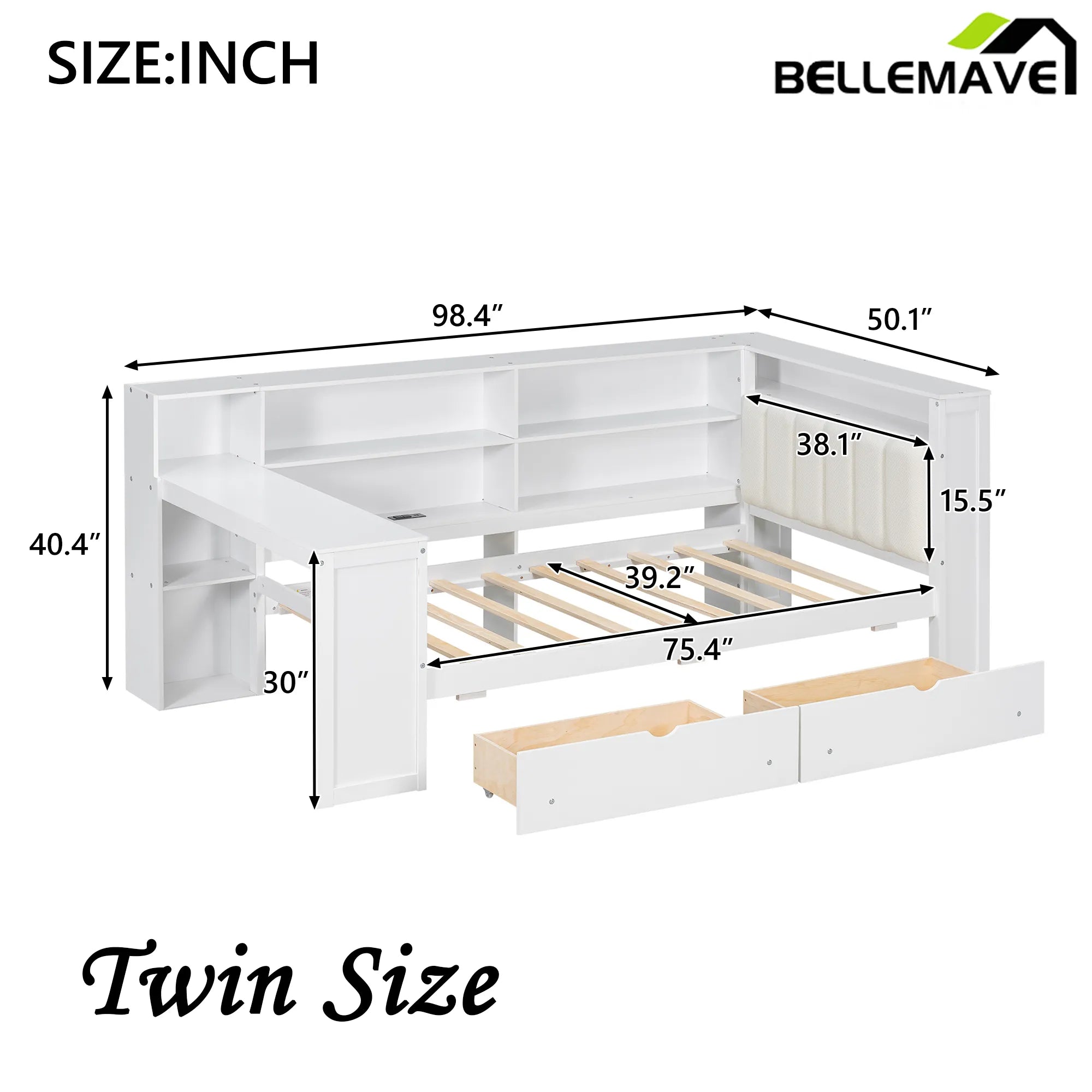 Bellemave® Multifunctional Wood Platform Bed with Storage Shelves, Drawers, Charging Station, LED, Desk and Upholstered Headboard - Bellemave