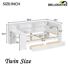 Bellemave® Multifunctional Wood Platform Bed with Storage Shelves, Drawers, Charging Station, LED, Desk and Upholstered Headboard - Bellemave