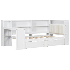 Bellemave® Multifunctional Wood Platform Bed with Storage Shelves, Drawers, Charging Station, LED, Desk and Upholstered Headboard - Bellemave