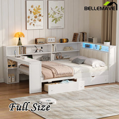 Bellemave® Multifunctional Wood Platform Bed with Storage Shelves, Drawers, Charging Station, LED, Desk and Upholstered Headboard - Bellemave