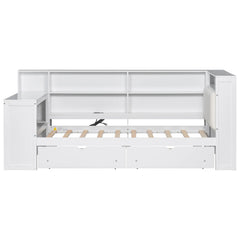 Bellemave® Multifunctional Wood Platform Bed with Storage Shelves, Drawers, Charging Station, LED, Desk and Upholstered Headboard - Bellemave