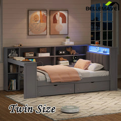 Bellemave® Multifunctional Wood Platform Bed with Storage Shelves, Drawers, Charging Station, LED, Desk and Upholstered Headboard - Bellemave