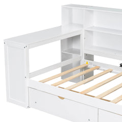 Bellemave® Multifunctional Wood Platform Bed with Storage Shelves, Drawers, Charging Station, LED, Desk and Upholstered Headboard - Bellemave