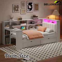 Bellemave® Multifunctional Wood Platform Bed with Storage Shelves, Drawers, Charging Station, LED, Desk and Upholstered Headboard - Bellemave