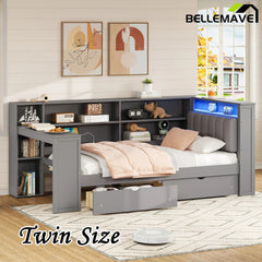 Bellemave® Multifunctional Wood Platform Bed with Storage Shelves, Drawers, Charging Station, LED, Desk and Upholstered Headboard - Bellemave