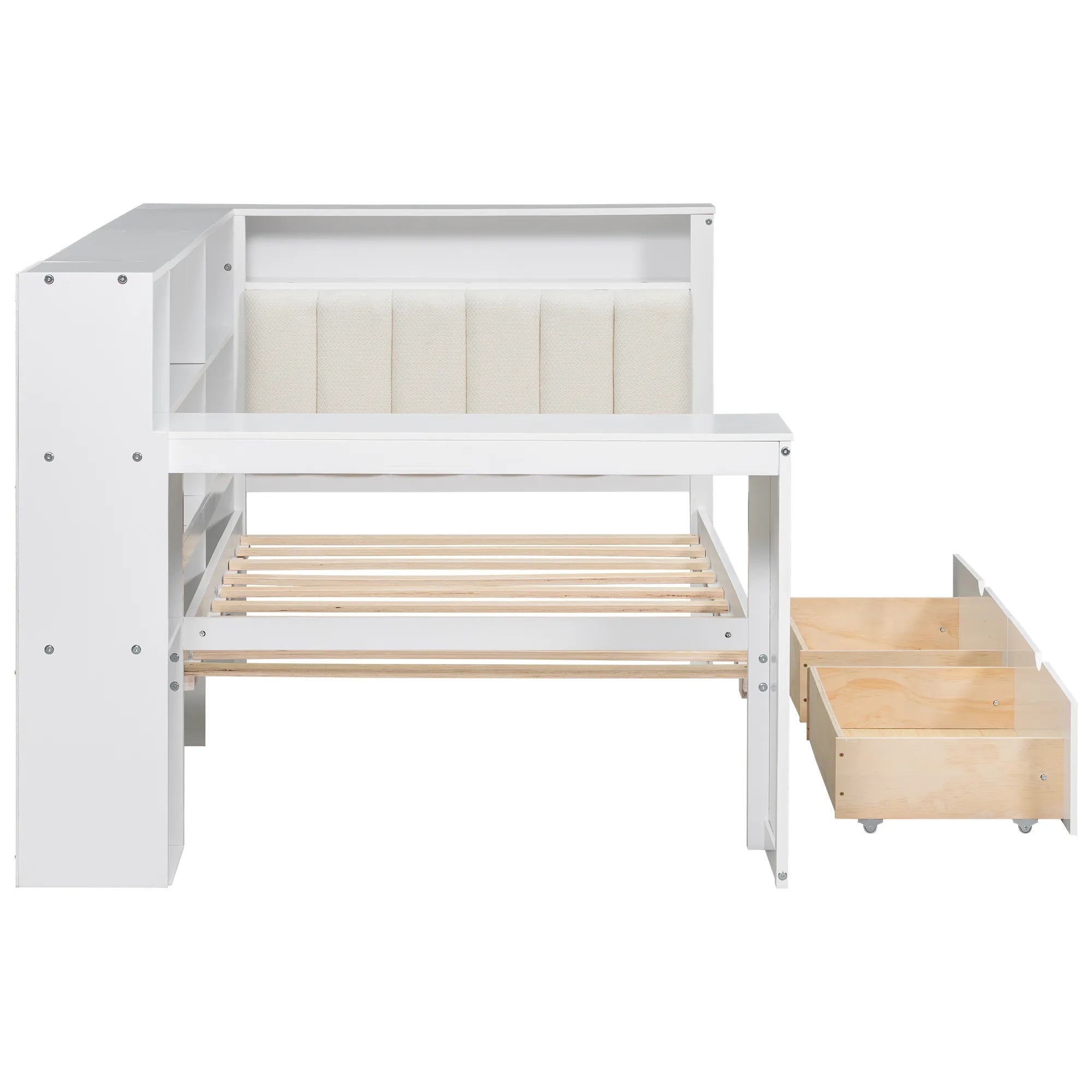 Bellemave® Multifunctional Wood Platform Bed with Storage Shelves, Drawers, Charging Station, LED, Desk and Upholstered Headboard - Bellemave