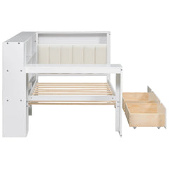 Bellemave® Multifunctional Wood Platform Bed with Storage Shelves, Drawers, Charging Station, LED, Desk and Upholstered Headboard - Bellemave