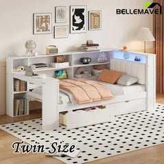 Bellemave® Multifunctional Wood Platform Bed with Storage Shelves, Drawers, Charging Station, LED, Desk and Upholstered Headboard - Bellemave