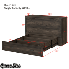 Bellemave® Murphy Bed, Cabinet Bed with Charging Station & Storage, Noisy Free, for Guest Bedroom, Living Room, Office, Rustic Gray - Bellemave
