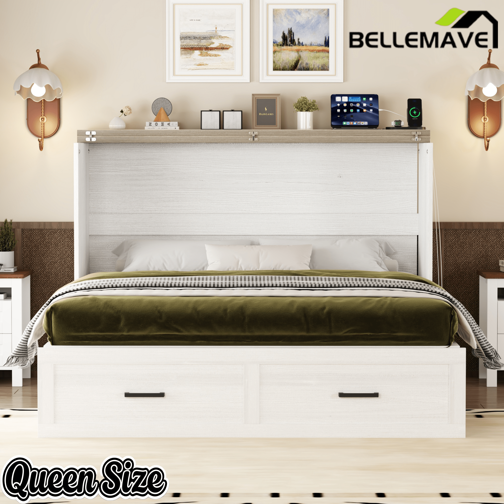 Bellemave® Murphy Bed, Cabinet Bed with Charging Station & Storage, Noisy Free, for Guest Bedroom, Living Room, Office, Rustic Gray - Bellemave